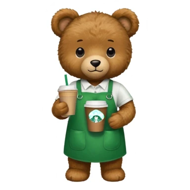 teddy bear wearing green apron with one cup of starbucks coffee sticker