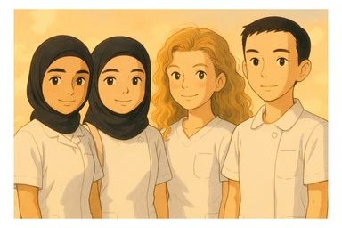 Illustration style Ghibli of four nursing students standing side by side in a warm atmosphere. They wear short-sleeved white uniforms without undershirts or stethoscopes. The background is soft and luminous. Each student is inspired by the four provided faces in the reference images. sticker