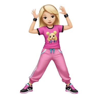Hiphop dancer, with cute big pants, sneakers, and t-shirt. White girl blond. Coloufull shirt. No pocket pants. Dancing. No orange. Pink and black. No sweatband on the wrist, music box behind her sticker