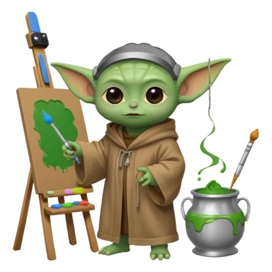 Baby Yoda in his brown robe listening music on his headphones, painting a picture on an easel and surrounded by paint pots. sticker