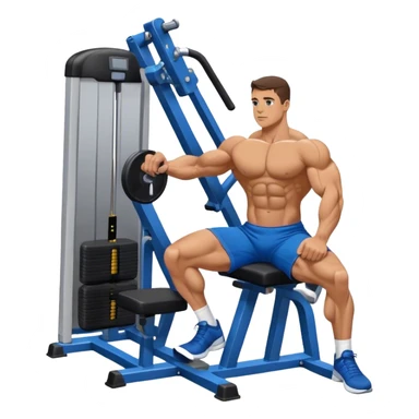 side-view bodybuilder in blue shorts seated weighted calf-raise machine on his tip toes sticker