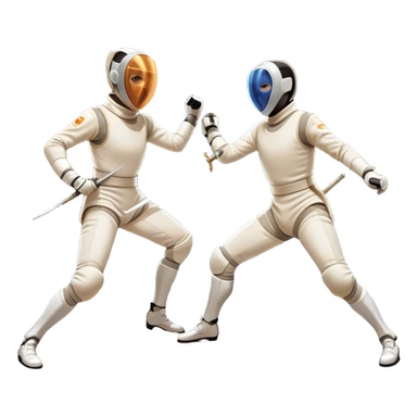 Two fencers in full protective gear and masks duel on a professional piste, swords clashing mid-air. Dynamic lunges and defensive stances highlight the intensity of the sport. The background features a stylized fencing arena with bright lights. Transparent background sticker