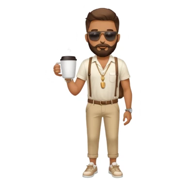 stylish bearded male traveler with coffee cup on hand, cool sun glasses with chain strap, white shoes, sticker