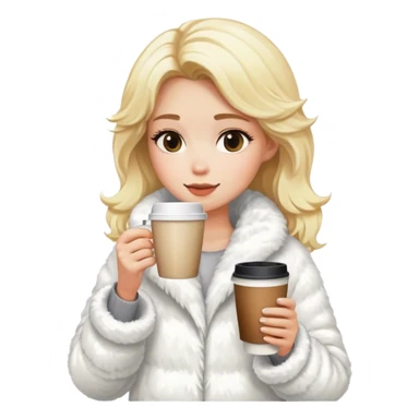 blonde girl wearing white fluffy jacket and a coffee to go in hand sticker