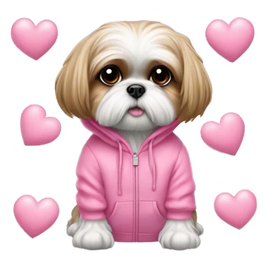 one very cute shih tzu girl and one maltaise dog wearing a pink hoodie with hearts sticker