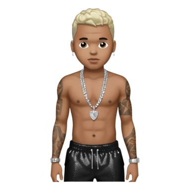 Chris Brown with black sequin baggy pants, shirtless with necklace sticker