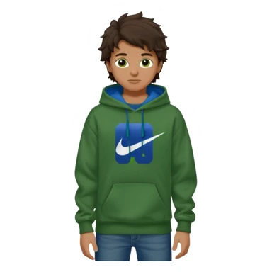 a 14 year old slightly tanned teenage boy with dark brown tousled wavy hair, dark brown eyes wearing a green tshirt, a dark green hoodie, blue jeans and green nike air jordans sticker