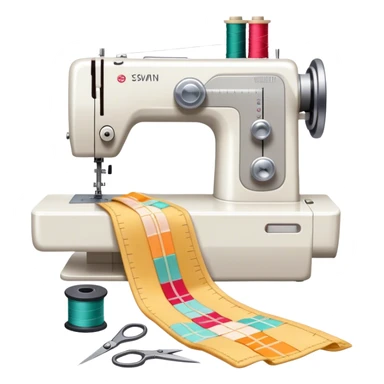 Sewing icon, measuring tape, pins, scissors, and a dress in progress, sewing machine with thread, visible needle, spools of thread, fabric pieces cut according to patterns, minimalistic style, clean lines, transparent background. sticker