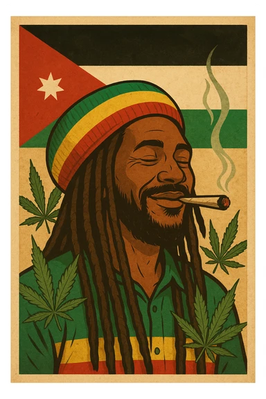 A digital vintage-style poster illustration of a Jordanian Rasta man with dreadlocks, wearing a red, yellow, green striped tam hat. He is smiling peacefully with a lit herbal spliff in his mouth. The background features the official Jordan flag — black, white, green horizontal stripes with a red triangle and a white 7-point star — accurately displayed behind him. Cannabis leaves are tastefully arranged around the composition, and the poster includes Rasta color textures blended with the Jordanian palette. Use a retro poster style with warm, slightly aged textures, bold outlines, and soft shading to evoke a soulful reggae vibe that honors both Jordanian pride and Rasta spirit. The mood is chill, powerful, and respectful sticker