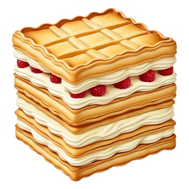 Mille-feuille Cinematic Realistic Mille-Feuille Dessert Emoji, depicted as a delicate pastry composed of two crisp layers of puff pastry with a rich cream filling, rendered with intricate textures and elegant, soft lighting. sticker