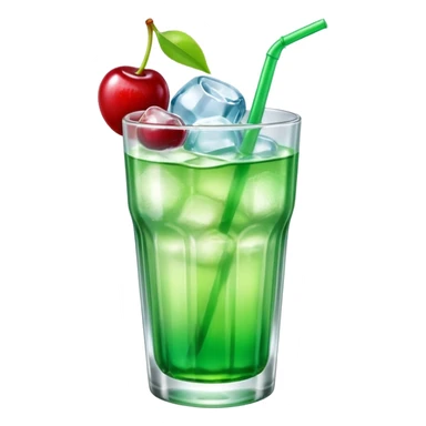 Create an emoji with a very clear rounded glass and ice, bright transparent green soda , a smooth vanilla scoop circle shape, a glossy red cherry, using vibrant colors, soft shading, and clear glass highlights.
 sticker