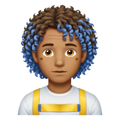 Make me an emoji that has a guy with a white shirt and yellow tape around the shirt with brown and blue spots hair make the hair curly make the yellow tape go around it sticker
