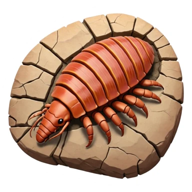 3D render of Trilobite, embedded in a chunk of rough sedimentary rock, cracked stone texture, ancient fossil aesthetic, fossilized in reddish sandstone rock, matte dry finish, Apple emoji style, isolated on white background --v 6.0 sticker