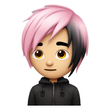 Create an emoji of an emo guy with split-dyed hair—one side pastel pink and the other side black. The hair should have a slightly messy, choppy texture, and the character should have a subtle, sad expression, wearing dark clothing typical of emo fashion sticker