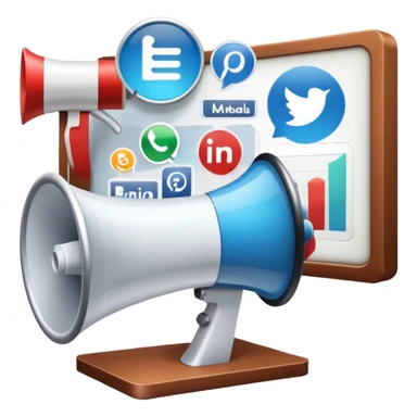 An icon featuring a megaphone, a billboard, and social media icons, symbolizing advertising and public relations. The design includes a press release and a rising graph, representing brand promotion and communication strategies. Transparent background highlights media influence and outreach. sticker