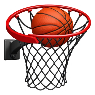 Red and black basketball halfway through net, freeze frame moment, iOS emoji style sticker
