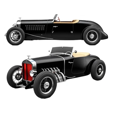 Wednesday Adam’s Blood stained Satanic Darth Vader black Bare bones (channeled cowl) drag racing and speed record modified (fenders removed) chopped streamlined sporty roadster that is a (stripped down) hot street rodded engine sports car 1932 Rolls Royce Woody futuristic  wide racing wheels sticker