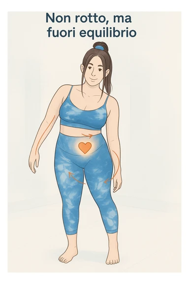 a woman stands in a relaxed pose, with a gentle, confident expression. Her body is shown with subtle, curved lines or arrows indicating areas of imbalance (such as a slight tilt in the shoulders or hips), but no signs of injury or damage. A soft glow or heart symbol at her core emphasizes resilience and the message “Non rotto, ma fuori equilibrio” The background is clean and clinical, with light blue tones. sticker