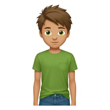A 14 yerar old teenage boy, slightly tanned, wearing a green tshirt (no shirt pocket), blue jeans and green sneakers with brown tousled hair, smirking sticker