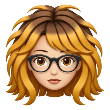 Uma garota de cabelos cacheados compridos e mechas loiras, com pele morena clara e óculos sticker