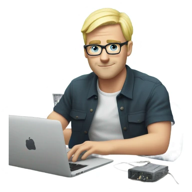 man looks 35 classes, european, tech nerd love pcb designing, blond short hair, blue eyes with specs behind macbook on the desk with green pcb laying and a oscilloscope  sticker