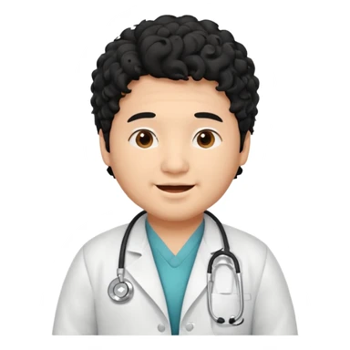 a young asian chubby male doctor with very black long curly hair and cheerful face without gpasses sticker