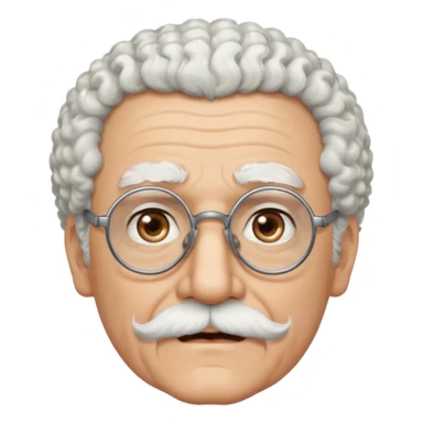 An elderly man emoji with light skin, fluffy curly white hair, thick white eyebrows, brown eyes behind black-framed glasses, a narrow pointed face, and a thin straight white mustache above his mouth. sticker