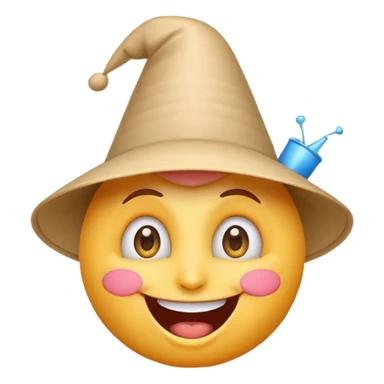 A crazy, laughing emoji with a funnel hat on its head. Exaggerated wide smile, big expressive eyes, playful and silly expression. Cartoon style, clean lines, bright colors, simple background, emoji-style illustration, high quality, centered composition sticker