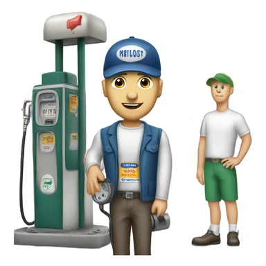White man with ballcap standing next to vintage gas pump sticker