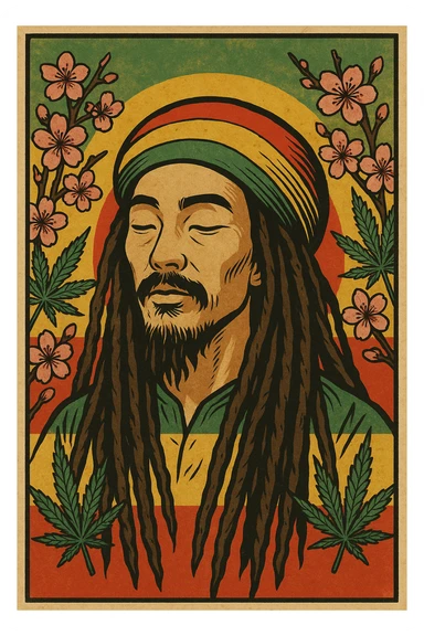 Vintage poster of an Asian Rasta with long dreadlocks, peaceful eyes, and a red-gold-green tam. Surrounded by cherry blossoms and ganja leaves. Background blends Rasta colors into an Asian flag (e.g., red sun from Japan or Chinese star). Retro reggae fusion vibe, with bold lines and aged paper texture.
 sticker