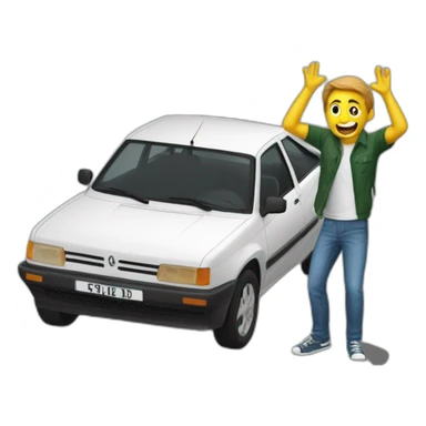 a guy throwing up in front of a renault 205 sticker