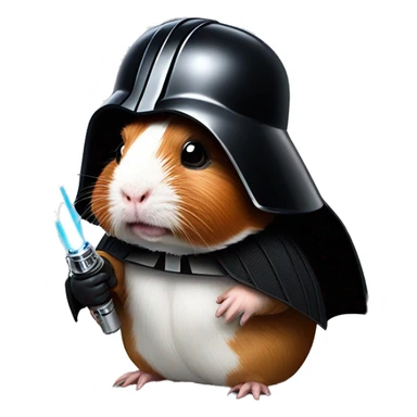Guinea pig as Darth Vader next to the Death Star holding a red light saber sticker