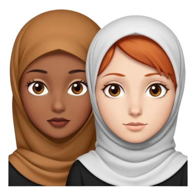 Short red haired white girl with brown eyes wearing a white shirt next a black girl wearing a black hijab with brown eyes sticker
