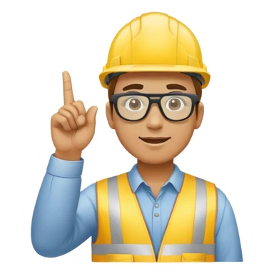 Un trabajador, vestido con un casco amarillo y gafas protectoras, apuntando con el dedo hacia arriba. sticker