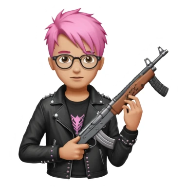 A punk guy with pink hair, wearing Harry Potter glasses, and holding an AK-47 sticker