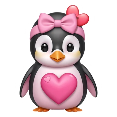 a pink penguin with a pink bow on it’s head holding a heart sticker