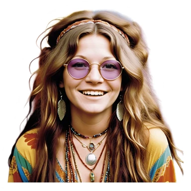 a portrait of janis joplin, focusing on her upper half. she has long, wavy hair with a free-spirited, messy style, round glasses, and a warm, infectious smile. she’s wearing layered bohemian jewelry, colorful clothing, and a feather in her hair, exuding her iconic 60s rock-and-roll vibe. the background is vibrant and slightly psychedelic sticker