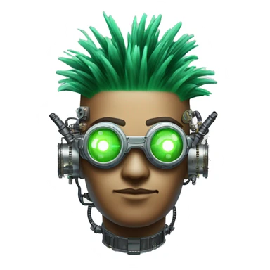 Green Mohawk hair male cyborg head with white steampunk goggles and circuits sticker
