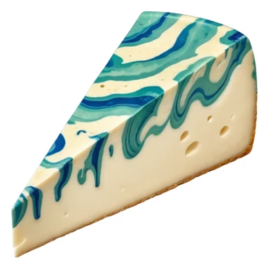 gorgonzola cheese wedge soft pale ivory interior bold blue-green marbling moist rich surface natural beige rind smooth cut exposing veins no knife or plate soft lighting subtle shadows emoji scale sticker