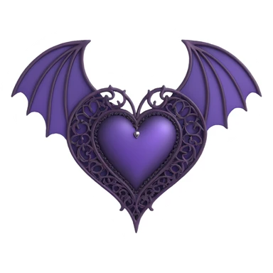 gothic heart, deep purple satin, ornate silver filigree, black lace trim, faint purple glow, with a bat wing accent sticker