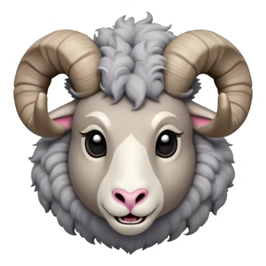 Cinematic Comical Ram Portrait Emoji, Head tilted dramatically with an exaggeratedly amused expression, featuring a striking woolly grey fur with impressively curled horns, wide, expressive dark eyes filled with playful disbelief, Simplified yet hilariously expressive features, highly detailed, glowing with a slightly sassy glow, high shine, dramatic yet playful, stylized with an air of cheeky mischief, bright and endearing, soft glowing outline, capturing the essence of a spirited and over-the-top ram, so meme-worthy it feels like it could butt its way into internet fame instantly! sticker