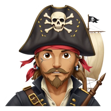 clash-of-clans-aesthetic_-cinematic-focused-pirate-bust-portrait-emoji, head slightly tilted with a determined, roguish expression and bold features, featuring a compact, spirited build with a jaunty hat and quirky bandana on tan skin, at the helm of a grand sailing ship complete with billowing sails and a tattered Jolly Roger flag fluttering dynamically in a tempestuous sea breeze. sticker