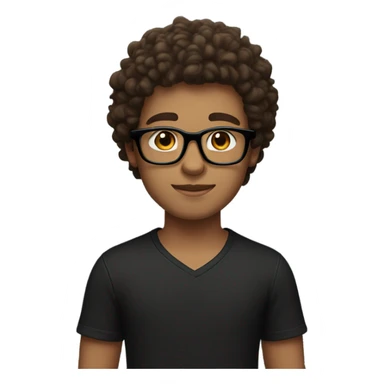 A boy with brown curly hair and black glasses with brown eyes and a black shirt with white skin sticker