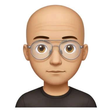 Latino man with small oval face and big forehead, clear lens aviator-style eyeglasses with metal frames, completely bald/shaved sides with very short curly dark hair only on top of head, neutral-friendly expression, light brown skin, wearing a black t-shirt sticker