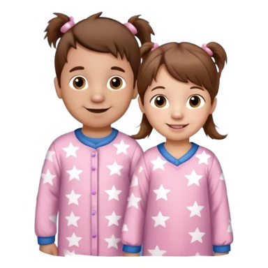 A toddler girl with brown hair with two pig tails, wearing pink pajamas with white stars on them. With a 4 year old boy with spikey brown hair, wearing blue pajamas with white stars on them. Both light skin and smiling. sticker