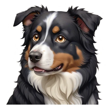 Cinematic Grumpy Black Tri Australian Shepherd Portrait Emoji, Head tilted slightly with a deeply unimpressed expression, thick black fur with bold white and tan markings, large, droopy dark eyes narrowed into an unamused glare, ears drooping in exasperation, Simplified yet comically expressive features, highly detailed, glowing with a dry, sarcastic glow, high shine, effortlessly judgmental yet dignified, stylized with a touch of cynicism, bright but brooding, soft glowing outline, capturing the essence of an eternally unimpressed yet endearing pup, so lifelike it feels like it could sigh heavily at you in disdain at any moment! sticker