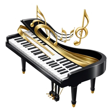 Create a detailed and elegant emoji collage representing keyboard instruments in a celebratory and professional style, reminiscent of a coat of arms. The design should feature a central arrangement of black and white piano keys, forming a symmetrical, powerful image. Around the keys, include a flowing ribbon of musical notes that intertwines with the keys, creating a sense of movement and harmony. Use gold and silver accents to highlight the keys and musical notes, giving the design a festive, high-quality appearance. The design should convey professionalism, elegance, and a sense of occasion. Add subtle reflections on the piano keys to enhance the polished look. The background should be transparent. sticker