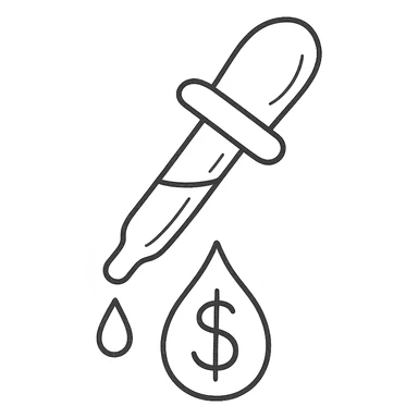 hand-drawn outlined pipette with a golden drop, dollar sign inside the drop sticker