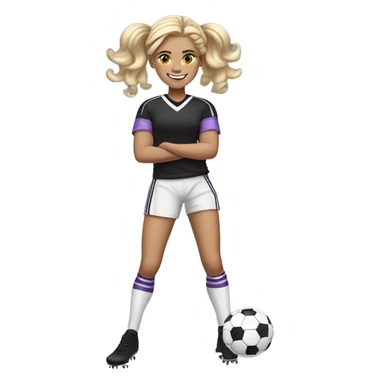 12 YEAR OLD GIRL, FOOTBALL PLAYER, BLONDE, LONG HAIR WITH CURLERS AND HAIR UP, KICKING THE BALL, SMILING, WHITE COMPLEXION, BLACK T-SHIRT AND LILAC DETAILS, BUT WITHOUT STRIPES sticker