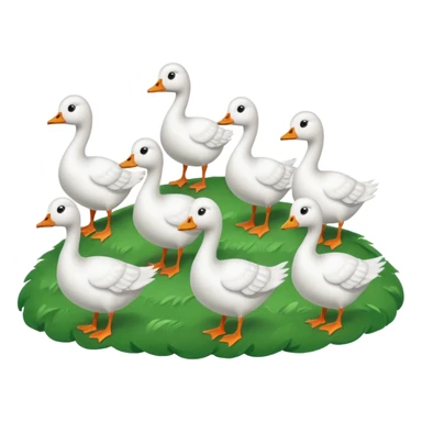 9 white geese standing on a green hill, front view, foggy sticker